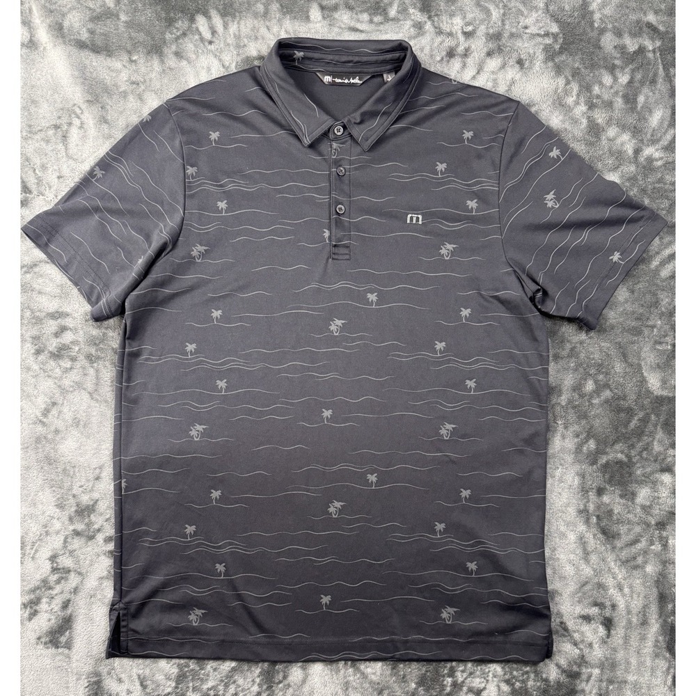 Travis Mathew Men's Black Palm Tree AOP Print Beach Golf Polo Shirt Size Large
